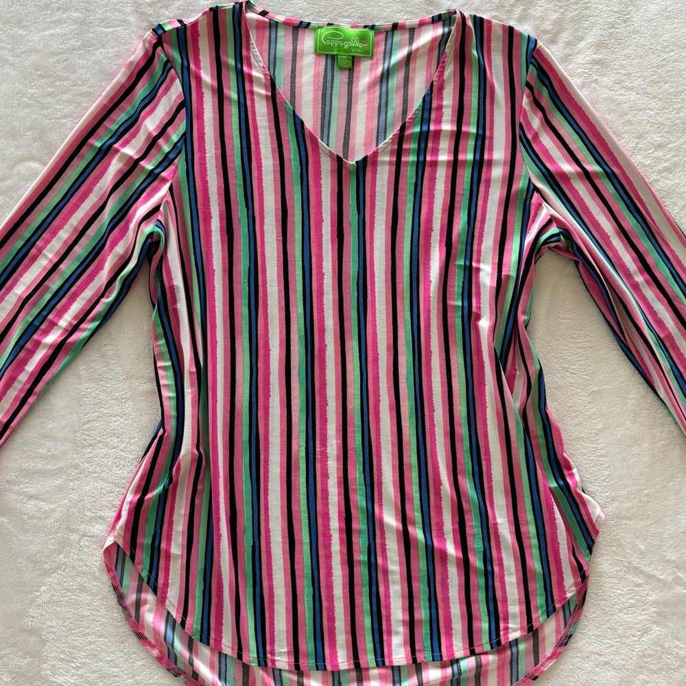 PAPPAGALLO Long Sleeve Pink Striped V-Neck Tunic Top--EUC--M